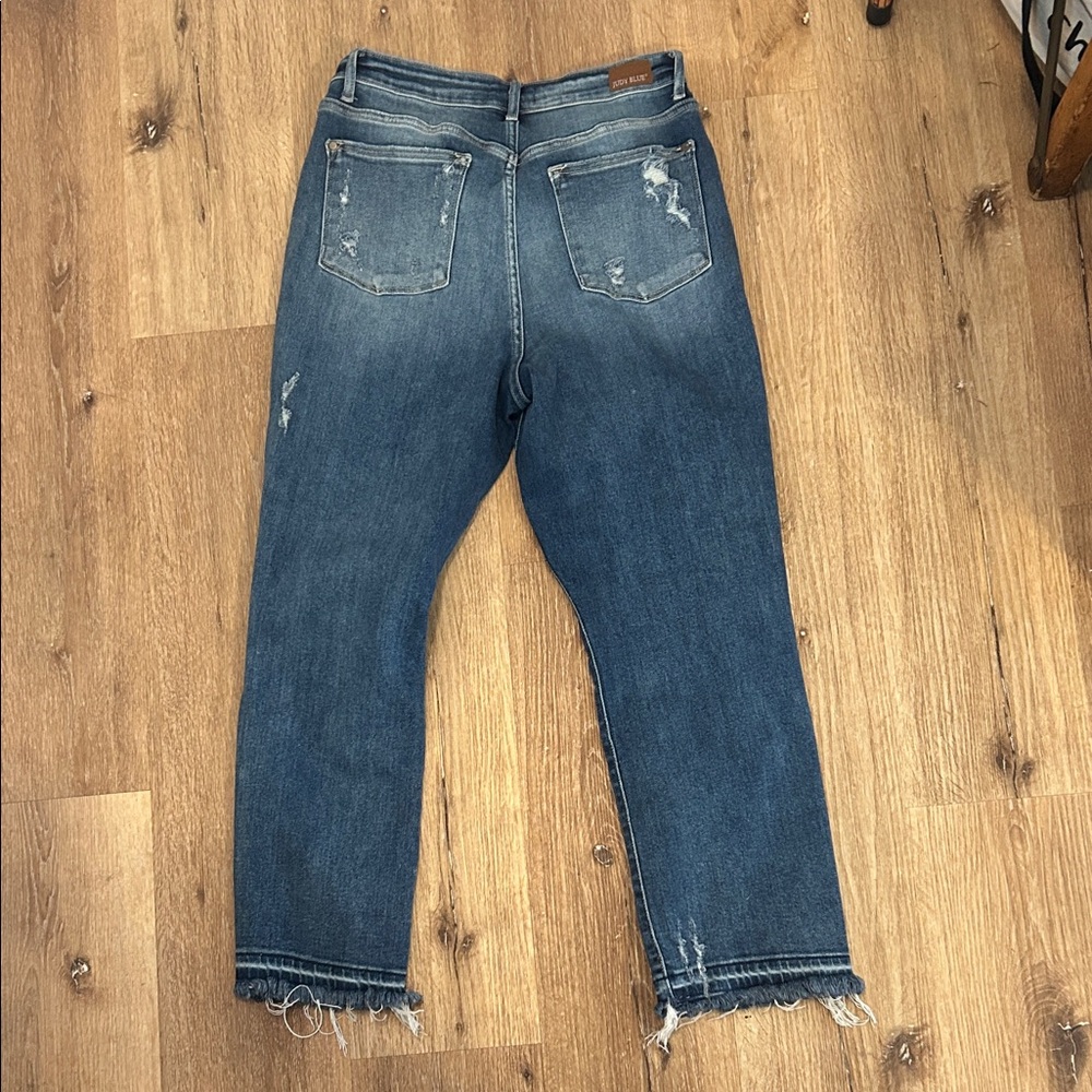 Judy Blue Dark Wash Distressed Straight Leg Jeans - Picture 4 of 6